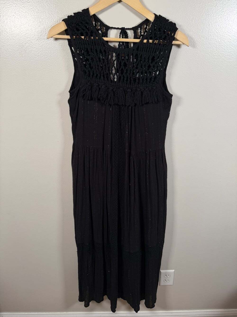 Maeve Anthropologie Abilene Maxi Dress Size XS Black Crochet Tiered Boho